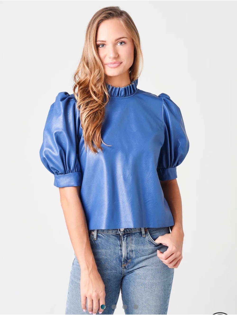 Hunter Bell Stella Royal Blue Puff Sleeve Vegan Faux Leather Top Sz M